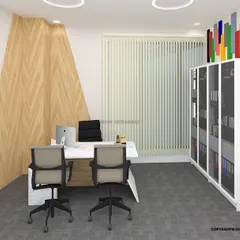 A bright and modern office cabin design. We used a combination of wood-textured panels and colorful accents to create a dynamic and energetic workspace, with ample storage and natural light.