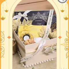 A beautiful Diwali hamper created in collaboration with Kimirica. This gift box combines luxury skincare with festive treats, all wrapped in an elegant box with a pearl handle.