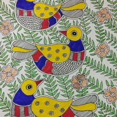 This colorful piece filled with birds and leaves is a wonderful example of Madhubani art. It was created by a student, who did a fantastic job with the bright colors and fine line work.