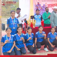 The Somaiya Vidya Mandir Laxmiwadi U-17 Girls’ Tennis Cricket Team with their medals after securing third place in the state-level championship.