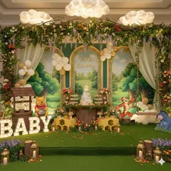 A slightly different angle of the Winnie the Pooh stage, highlighting the lush greenery, floral vines, and whimsical cloud lights hanging from above. The setup includes honeycomb-shaped tables for desserts and gifts.