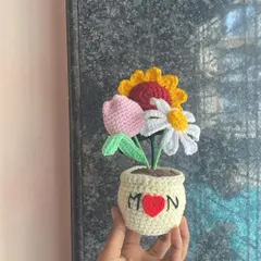 I love making custom gifts that tell a story. This special arrangement with a sunflower, tulip, and daisy was made for a lovely customer to gift their mom. I can personalize the pot with names or messages to make your gift extra special.