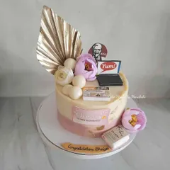 A retirement cake celebrating new beginnings. This design includes elements representing work, hobbies, and favorite things to enjoy in retirement.
