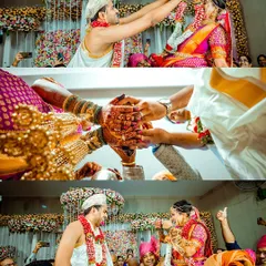 A collage of key wedding rituals, from the couple being lifted by family to the tying of the sacred knot.