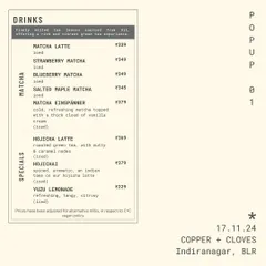 Announcing the beverage tasting menu for the O'FuFu pop-up, featuring a special selection of Matcha, Hojicha, and Yuzu Lemonade.