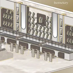 An isometric drawing of the Gold Section for Shri Thangam Jewellers, detailing the arrangement of display cases and customer seating.