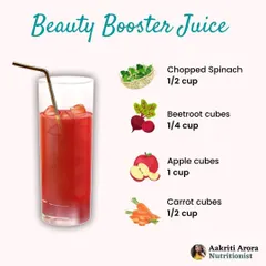 Here is my recipe for a "Beauty Booster Juice." This vibrant drink is packed with beetroot, apple, carrot, and spinach, delivering a powerful dose of antioxidants and vitamins that purify your blood and give your skin a natural, healthy blush from the inside out.