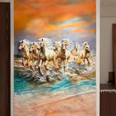 A vibrant 3D mural of the 7 running horses, a piece that brings energy and movement to any room. I used a rich color palette with a fiery sunset sky and turquoise waves to create a dynamic scene. This Vastu-approved artwork is sculpted in fiber for a lightweight yet durable finish.