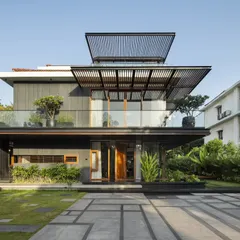 The completed Villa re:FORM. We introduced new volumes, cantilevered pergolas, and a material palette of timber and glass to create a sophisticated tropical modern home.