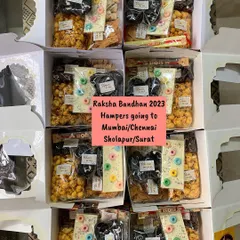 My Raksha Bandhan hampers all packed and ready to be shipped to Mumbai, Chennai, Sholapur, and Surat. I love sending these boxes of edible love across the country.
