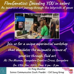 An announcement for "FlowGenetics," a unique experiential workshop that explains the science of genetics through the creative medium of fluid art.