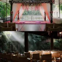 A diptych showing the wedding mandap. One shot shows the beautiful setup, while the other captures dramatic sunbeams filtering into the space, creating a magical atmosphere.