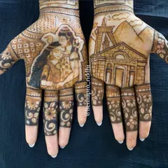 For a client with deep spiritual beliefs, I created this powerful design. It combines a portrait of Shankar and Parvati with a depiction of the Kedarnath temple, making the henna deeply personal.