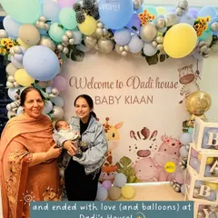 And the final stop, a warm and loving welcome at Dadi's house! This jungle-themed setup with pastel balloons and cute animal cutouts was the perfect way to end the celebration journey for baby Kiaan.