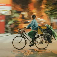A panning shot captures a woman on a bicycle in Hanoi, her form sharp against a beautifully blurred background of city lights.