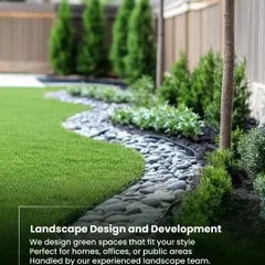 We design green spaces that fit your style and are handled by our experienced landscape team. This design uses a curving border of river stones to separate the lawn from the garden bed, creating a clean and elegant look.