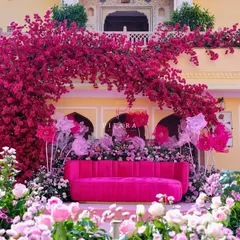Drenched in 'gulabi' glam. This explosion of bougainvillea against a heritage palace backdrop was for a Mehendi that was anything but ordinary. It’s a whole vibe, a floral fantasy brought to life.