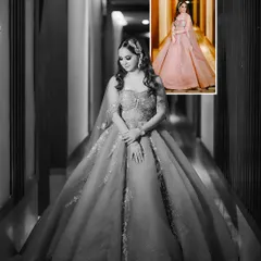 A stunning black and white portrait of bride Tanya in her voluminous pink gown, with a color inset showing the full look.