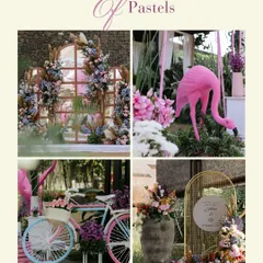 "Hues of Pastels." A collage of the beautiful, whimsical decor from a Mehendi ceremony, featuring flamingos, a decorated bicycle, and lush floral arrangements.