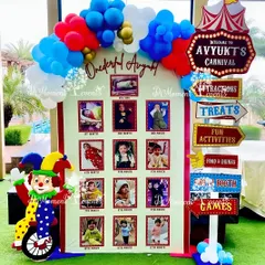 This carnival-themed milestone board for "Onederful Avyukt" creatively displays his first year's photos, complete with a fun clown prop.
