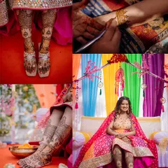 A detail-oriented collage of the bride's mehendi. I focus on capturing the intricate henna art on both her hands and feet, as well as the application process itself.