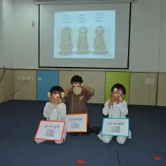 Students perform a skit based on Gandhi's three wise monkeys during our Gandhi Jayanti celebration. We use this day to teach the timeless values of truth, non-violence, and integrity.