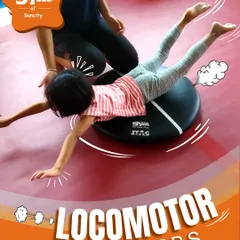 Becoming a "Locomotor Leader." This child works on balance and core control with a stability disc, an exercise that strengthens the muscles needed for running, jumping, and hopping.