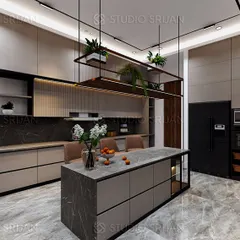 Another view of the Alameda kitchen, showcasing the extensive storage, including full-height pantry units and a dedicated station for built-in appliances like the oven and microwave.