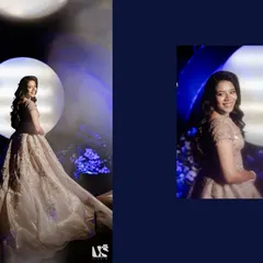 A dreamy portrait from a moon-themed sangeet night. The bride, bathed in blue light, looks ethereal and magical, perfectly matching the celestial decor.