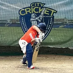Before playing for the country, the hard work happens here. This is Tanuja Kanwar during a focused batting session at our academy, perfecting her technique against the backdrop of our motto: "Champions are made not born."