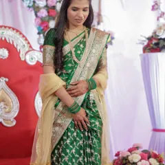 A full view of the bride's engagement attire. The makeup is designed to look natural and not overpowering.