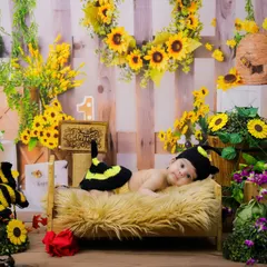 A newborn dressed as a tiny honeybee, resting on a bed surrounded by sunflowers and a beehive. A sweet and sunny nature-themed shoot.