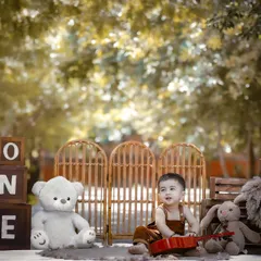 An outdoor first birthday shoot with a rustic, bohemian feel. The birthday boy sits among teddy bears and pampas grass, creating a stylish and natural milestone portrait.