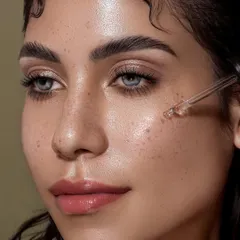 This image captures the precise application of a serum, with the dropper delivering a single, perfect drop onto the model's cheek. The lighting is soft and luminous, designed to accentuate the skin's natural texture and the glistening quality of the oil, making the product look irresistible.