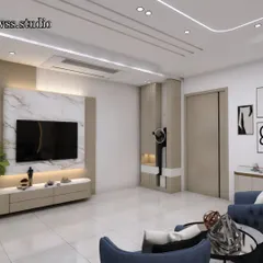 Here is a living room layout featuring a marble-clad TV unit with integrated backlighting. The design focuses on clean lines and a sophisticated color scheme with blue accent chairs for a pop of color.