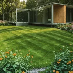 A modern glass house nestled in a lush, natural landscape. The floor-to-ceiling windows blur the line between indoors and out, making the surrounding garden a part of the living space.