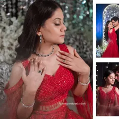 Another angle of the red Sangeet look, showing how the soft glam makeup complements her emerald jewelry. The focus is on enhancing her features with light, refined strokes.