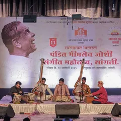On stage at the prestigious Bharat Ratna Pandit Bhimsen Joshi Mahotsav in Sangli. It was an honor to accompany my Guruji, Padma Bhushan Pandit Ajoy Chakrabarty ji, at such a revered event celebrating a legend of Indian classical music.