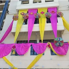Another angle of the house exterior decoration, showing how we cover multiple floors to create a grand and festive look.