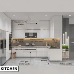 An annotated image detailing the materials and features of a modern kitchen. It highlights the wooden acrylic shutters, quartz marble countertops, and rose gold profile handles that define this sleek design.