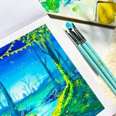 Welcome to the wonderland! A close-up of my magical forest painting, showing the details of the brushes and gouache paints.