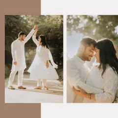 A lovely diptych showing a couple dancing playfully on a path and sharing a close, smiling embrace, capturing the lighthearted and romantic feel of a park photoshoot.