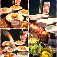 A collage showing the full experience of my live burger bar. It includes fresh brioche buns, various patties, and all the classic condiments for a build-your-own burger party.