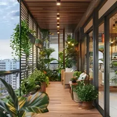 A long balcony transformed into a green corridor. I used wooden decking, slatted screens, and an abundance of plants to create a private and refreshing outdoor lounge area.