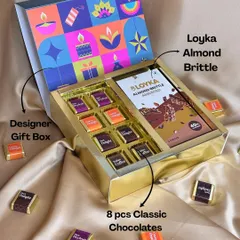 A perfect blend of traditional and modern. This designer gift box contains classic assorted chocolates and delicious Loyka Almond Brittle, making it a festive treat for everyone.