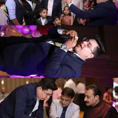 A collage capturing the essence of my close-up work. You can see me engaging with guests of all ages, using cards and other small objects to create moments of astonishment right at their tables.