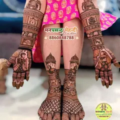 A full bridal set for hands and feet, featuring detailed portraits of the groom on a horse and the bride. The design is packed with traditional Rajasthani elements for a complete royal look.