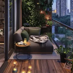 A modern and minimalist balcony design featuring a comfortable daybed, a vertical garden for privacy and greenery, and a simple side table. This is urban outdoor living at its most comfortable.