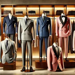 A view of my showroom, where dreams are tailored into reality. Mannequins display a range of my finest suits, from classic double-breasted designs to elegant tuxedos, showcasing the breadth of my collection.