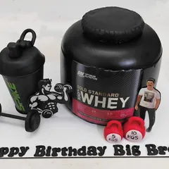 A different angle of the 3D whey protein cake, showing the detailed sculpting and realistic finish. This is a great example of a cake that looks like a real object, perfect for a surprise birthday.